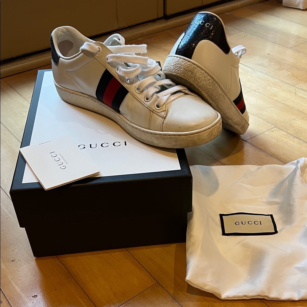 Gucci White Leather Sneakers with Red and Blue Accents